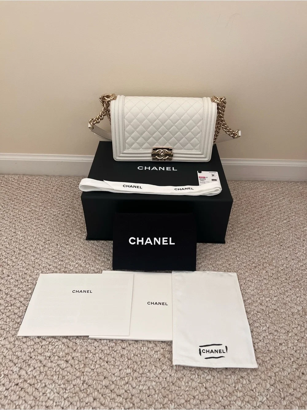 Chanel Caviar White Medium Boy Bag with Champagne Gold Hardware